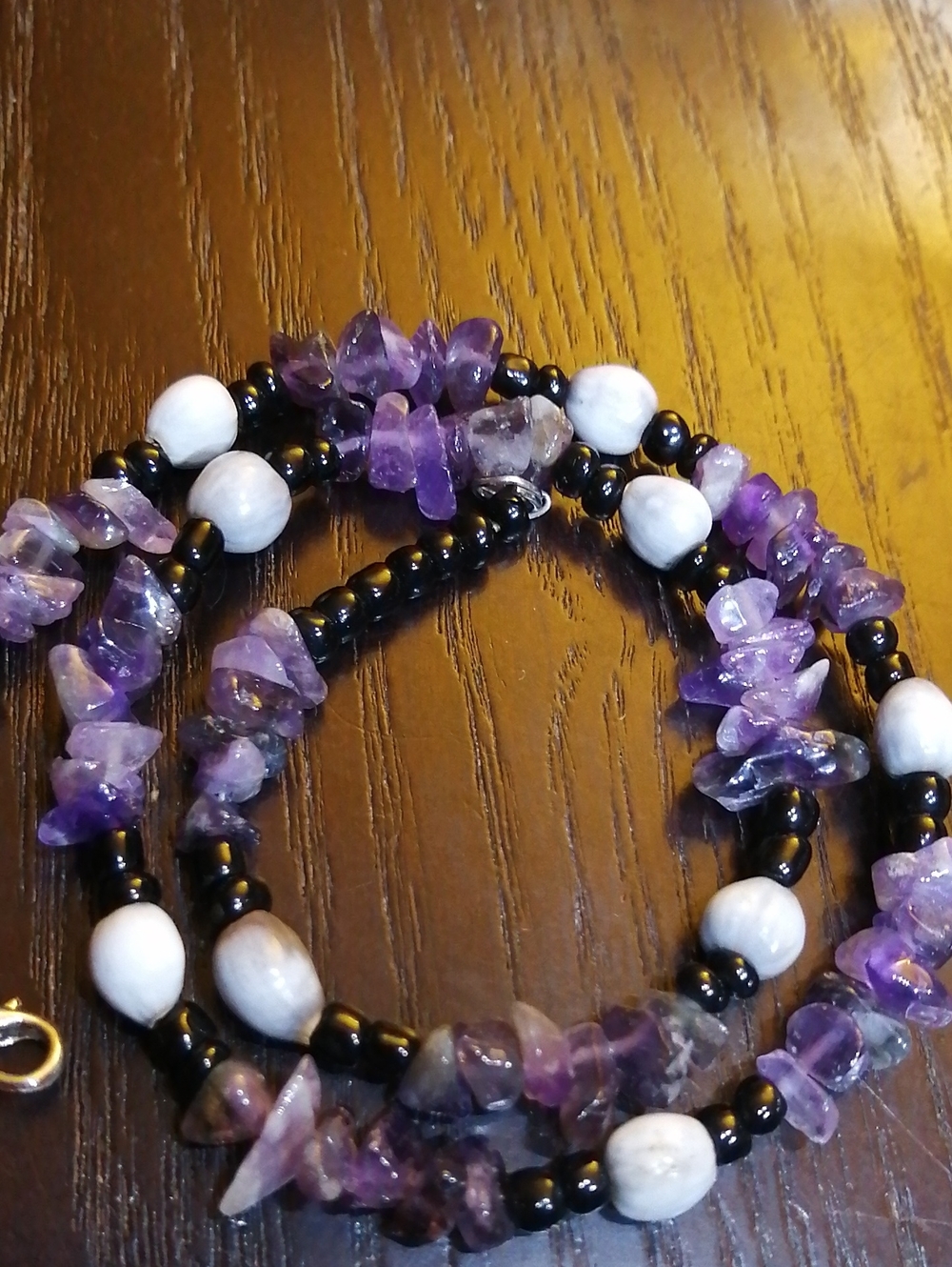 Amethyst Chip, Grey, Black Beaded Vintage Necklace 17" Long
